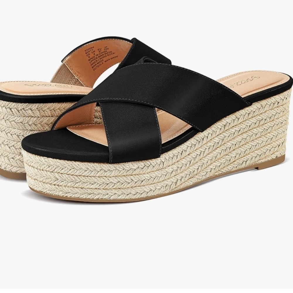 PIZZ ANNU Wedge Sandals Women 9.5 Black Cross Band Espadrille Platform XZ0